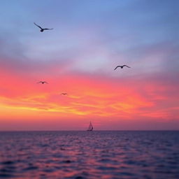 A stunning sunset over a calm ocean with vibrant hues of orange, pink, and purple reflected on the water