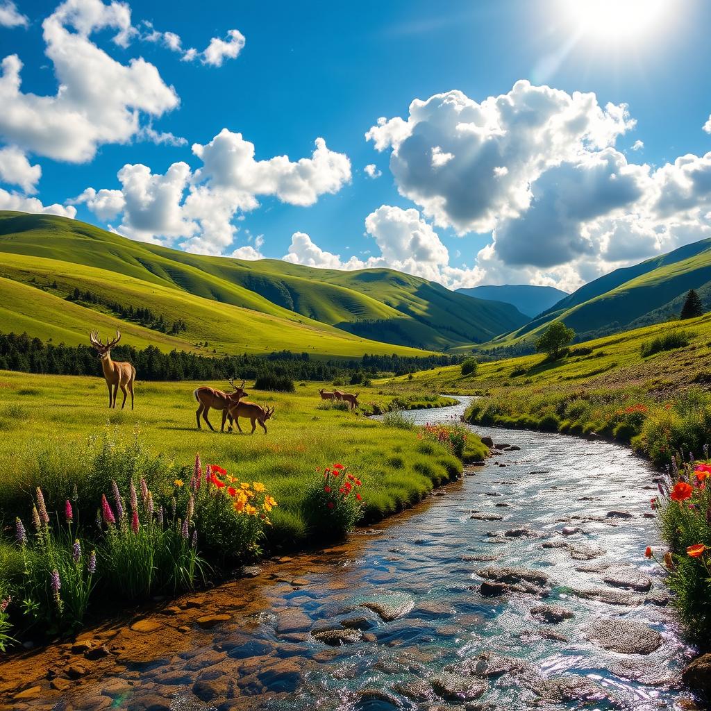 A mesmerizing landscape featuring lush green hills under a vibrant blue sky scattered with fluffy white clouds