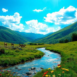 A mesmerizing landscape featuring lush green hills under a vibrant blue sky scattered with fluffy white clouds