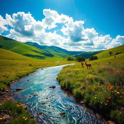 A mesmerizing landscape featuring lush green hills under a vibrant blue sky scattered with fluffy white clouds