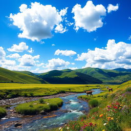 A mesmerizing landscape featuring lush green hills under a vibrant blue sky scattered with fluffy white clouds