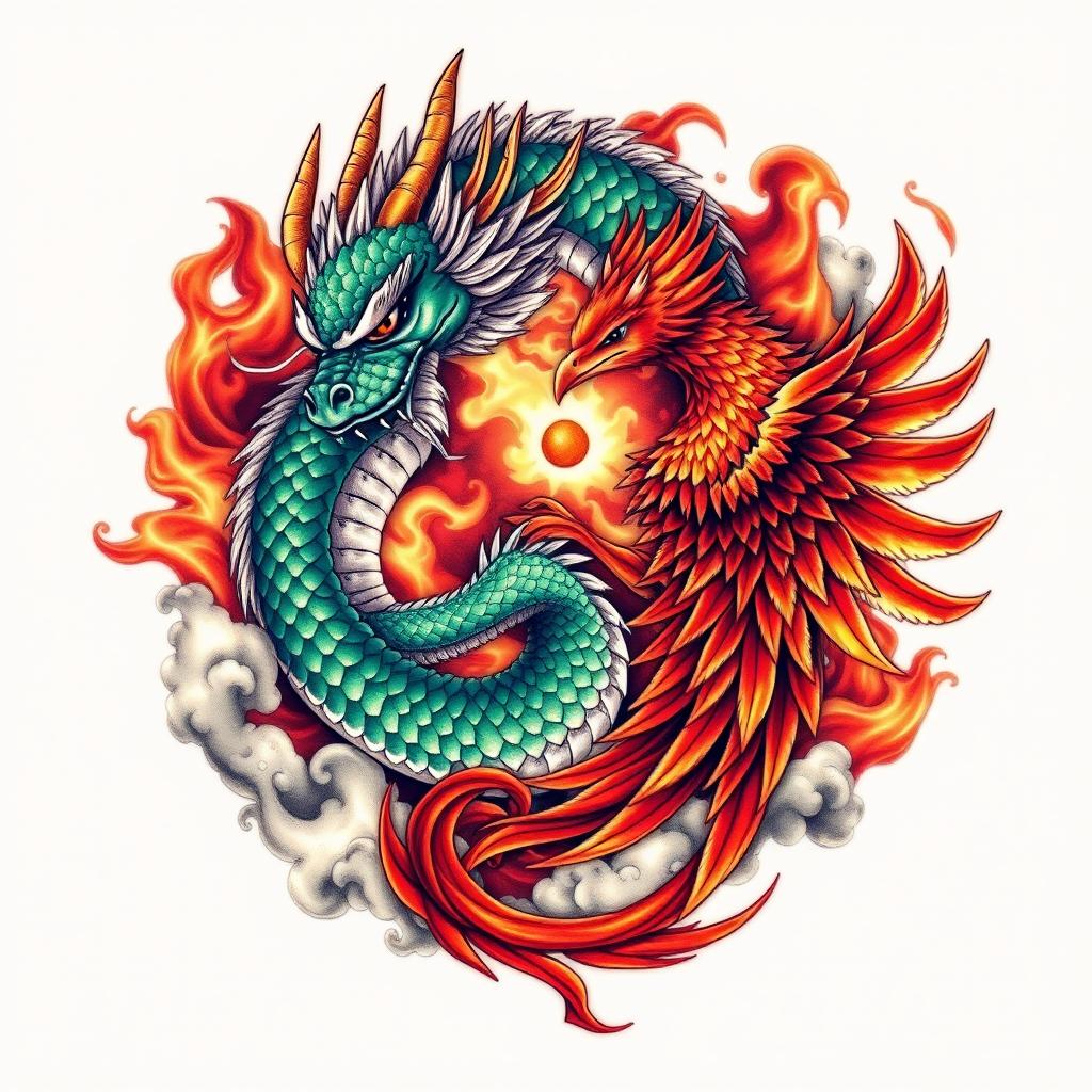 A hyper-realistic tattoo design featuring a dragon intertwined with a phoenix