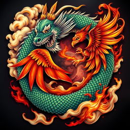 A hyper-realistic tattoo design featuring a dragon intertwined with a phoenix