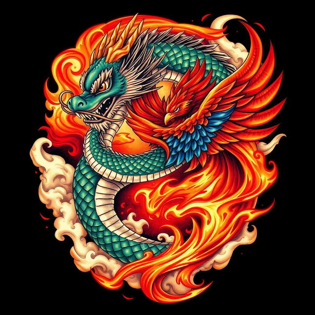 A hyper-realistic tattoo design featuring a dragon intertwined with a phoenix