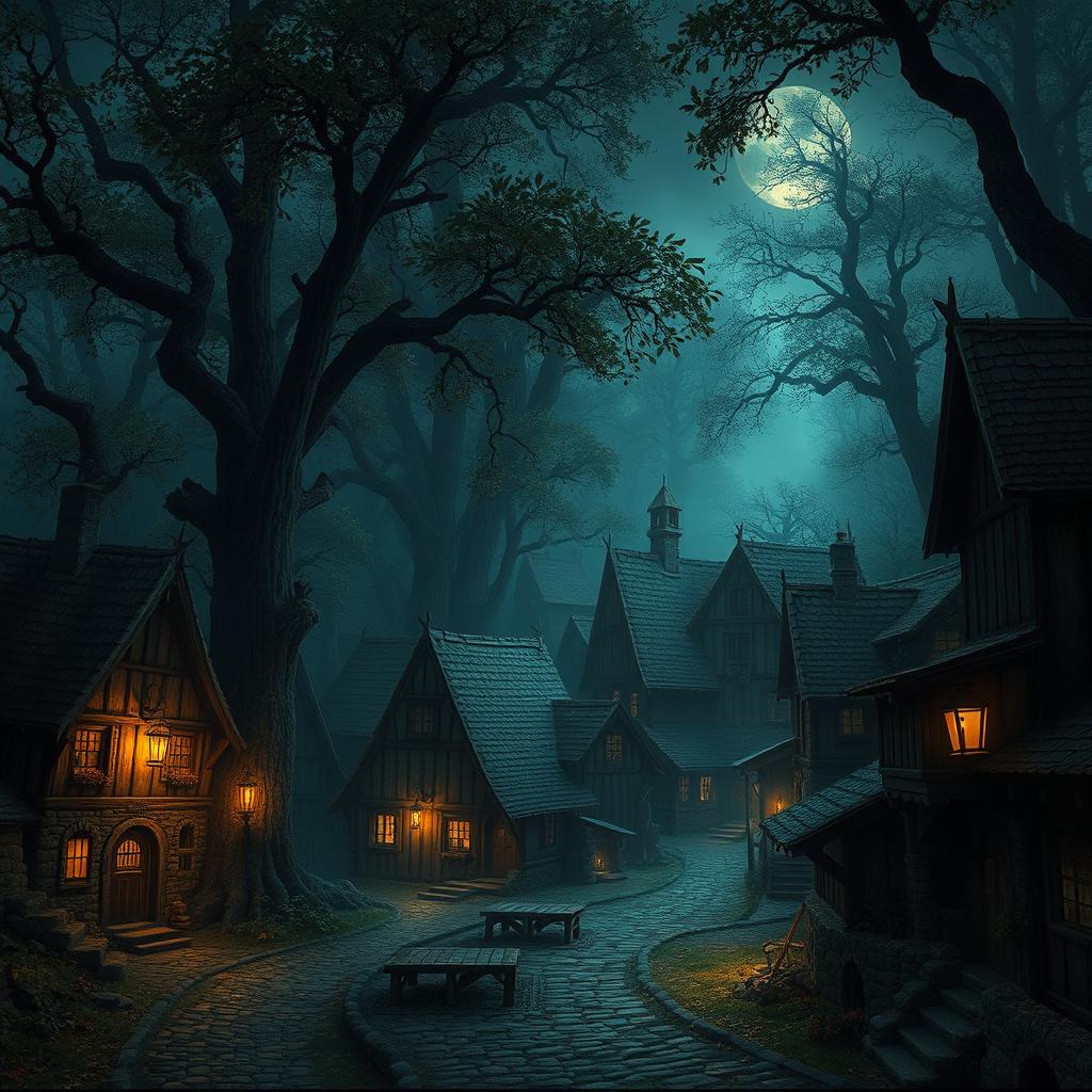 A quaint dark age town nestled within an ancient forest, illuminated by the soft glow of torches and lanterns