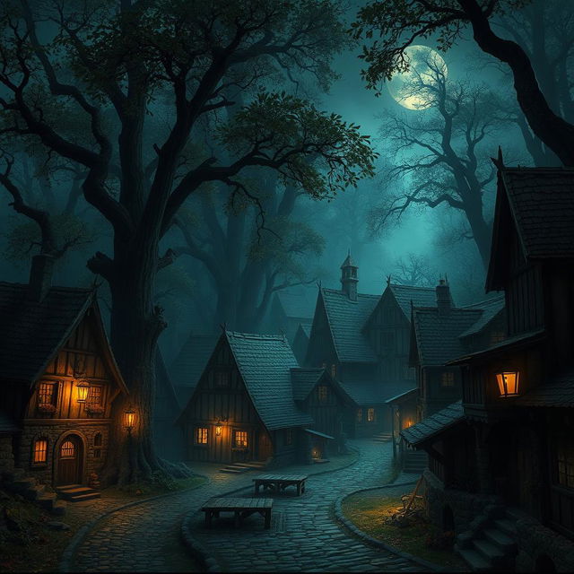 A quaint dark age town nestled within an ancient forest, illuminated by the soft glow of torches and lanterns