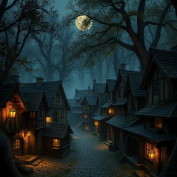 A quaint dark age town nestled within an ancient forest, illuminated by the soft glow of torches and lanterns