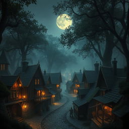 A quaint dark age town nestled within an ancient forest, illuminated by the soft glow of torches and lanterns