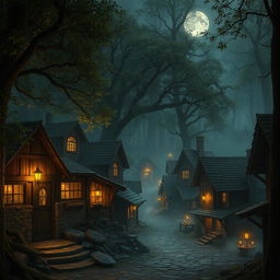 A quaint dark age town nestled within an ancient forest, illuminated by the soft glow of torches and lanterns