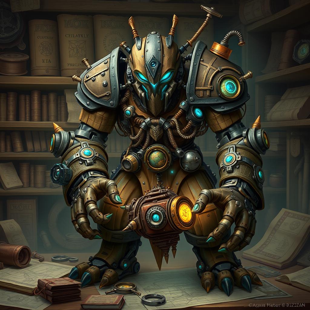 A formidable Warforged Artificer, forged from intricate metal and wood, standing tall in a mystical workshop filled with arcane tools and glowing runes