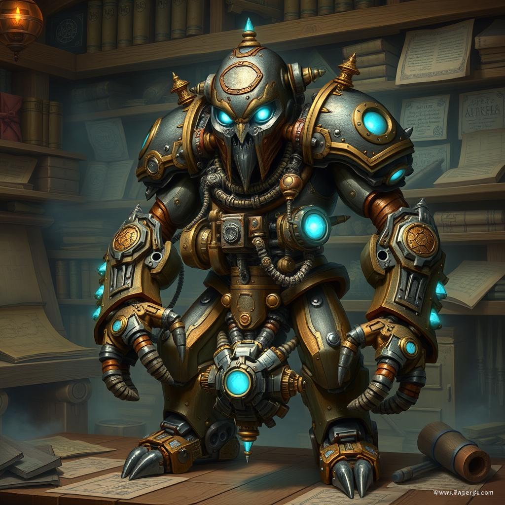 A formidable Warforged Artificer, forged from intricate metal and wood, standing tall in a mystical workshop filled with arcane tools and glowing runes