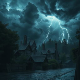 An early medieval town situated at the edge of a dense, ancient forest, captured during a fierce thunderstorm