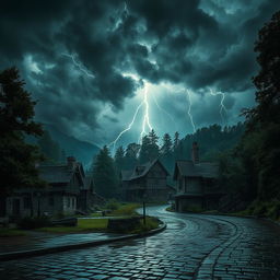 An early medieval town situated at the edge of a dense, ancient forest, captured during a fierce thunderstorm