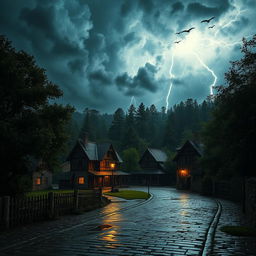 An early medieval town situated at the edge of a dense, ancient forest, captured during a fierce thunderstorm