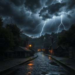 An early medieval town situated at the edge of a dense, ancient forest, captured during a fierce thunderstorm