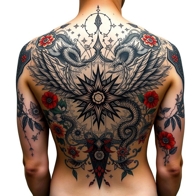 A detailed and artistic tattoo design, intricate and complex patterns, with elements of nature such as flowers and leaves