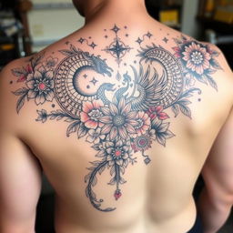 A detailed and artistic tattoo design, intricate and complex patterns, with elements of nature such as flowers and leaves