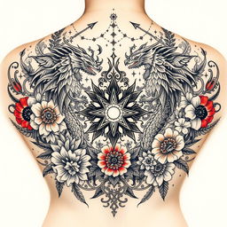 A detailed and artistic tattoo design, intricate and complex patterns, with elements of nature such as flowers and leaves