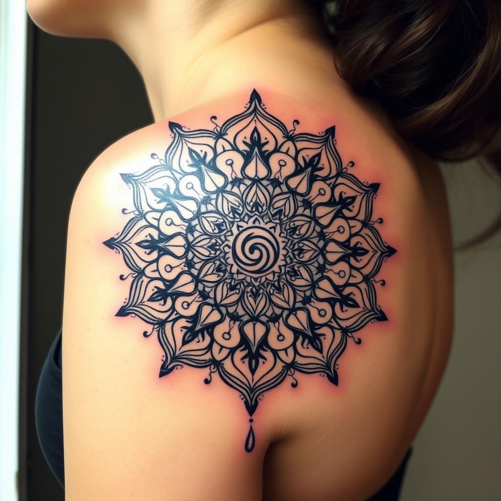 A tattoo design incorporating elements of music, spirituality, and mandala patterns