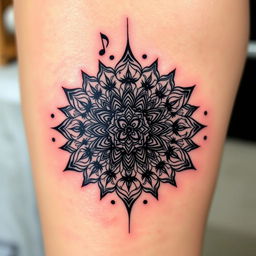 A tattoo design incorporating elements of music, spirituality, and mandala patterns