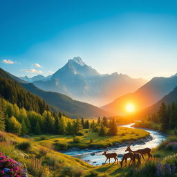 A vibrant landscape featuring a majestic mountain range under a clear blue sky