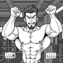 A strong man, shirtless, training vigorously in a gym to become even stronger