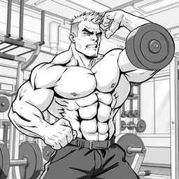 A strong man, shirtless, training vigorously in a gym to become even stronger