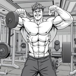 A strong man, shirtless, training vigorously in a gym to become even stronger