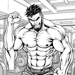 A strong man, shirtless, training vigorously in a gym to become even stronger