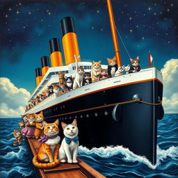 A grand and epic poster depicting the famous Titanic ship, but instead of humans, it's filled with a variety of colorful anthropomorphic cats