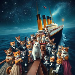 A grand and epic poster depicting the famous Titanic ship, but instead of humans, it's filled with a variety of colorful anthropomorphic cats