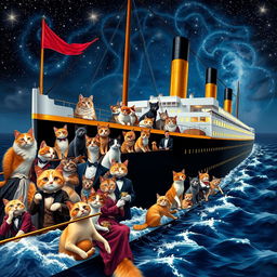 A grand and epic poster depicting the famous Titanic ship, but instead of humans, it's filled with a variety of colorful anthropomorphic cats