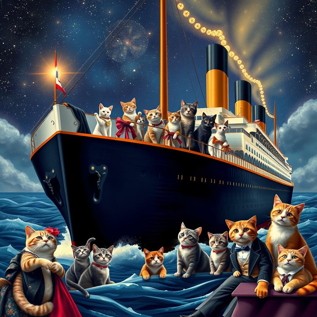 A grand and epic poster depicting the famous Titanic ship, but instead of humans, it's filled with a variety of colorful anthropomorphic cats