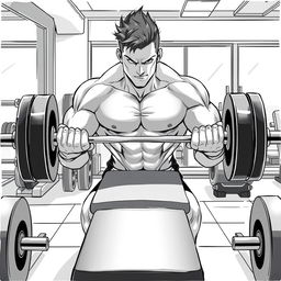 A strong man, shirtless, performing a bench press exercise in a gym, striving to become stronger