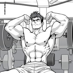 A strong man, shirtless, performing a bench press exercise in a gym, striving to become stronger