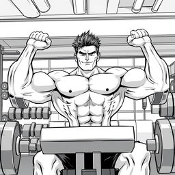 A strong man, shirtless, performing a bench press exercise in a gym, striving to become stronger