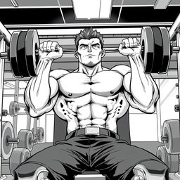 A strong man, shirtless, performing a bench press exercise in a gym, striving to become stronger