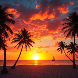 A vibrant and colorful sunset over a serene beach with palm trees swaying gently in the breeze, the reflection of the sunset creating a breathtaking spectacle on the calm ocean waters