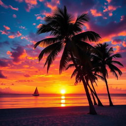 A vibrant and colorful sunset over a serene beach with palm trees swaying gently in the breeze, the reflection of the sunset creating a breathtaking spectacle on the calm ocean waters