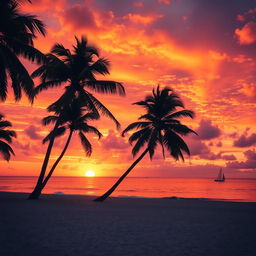 A vibrant and colorful sunset over a serene beach with palm trees swaying gently in the breeze, the reflection of the sunset creating a breathtaking spectacle on the calm ocean waters