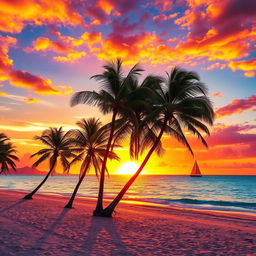 A vibrant and colorful sunset over a serene beach with palm trees swaying gently in the breeze, the reflection of the sunset creating a breathtaking spectacle on the calm ocean waters