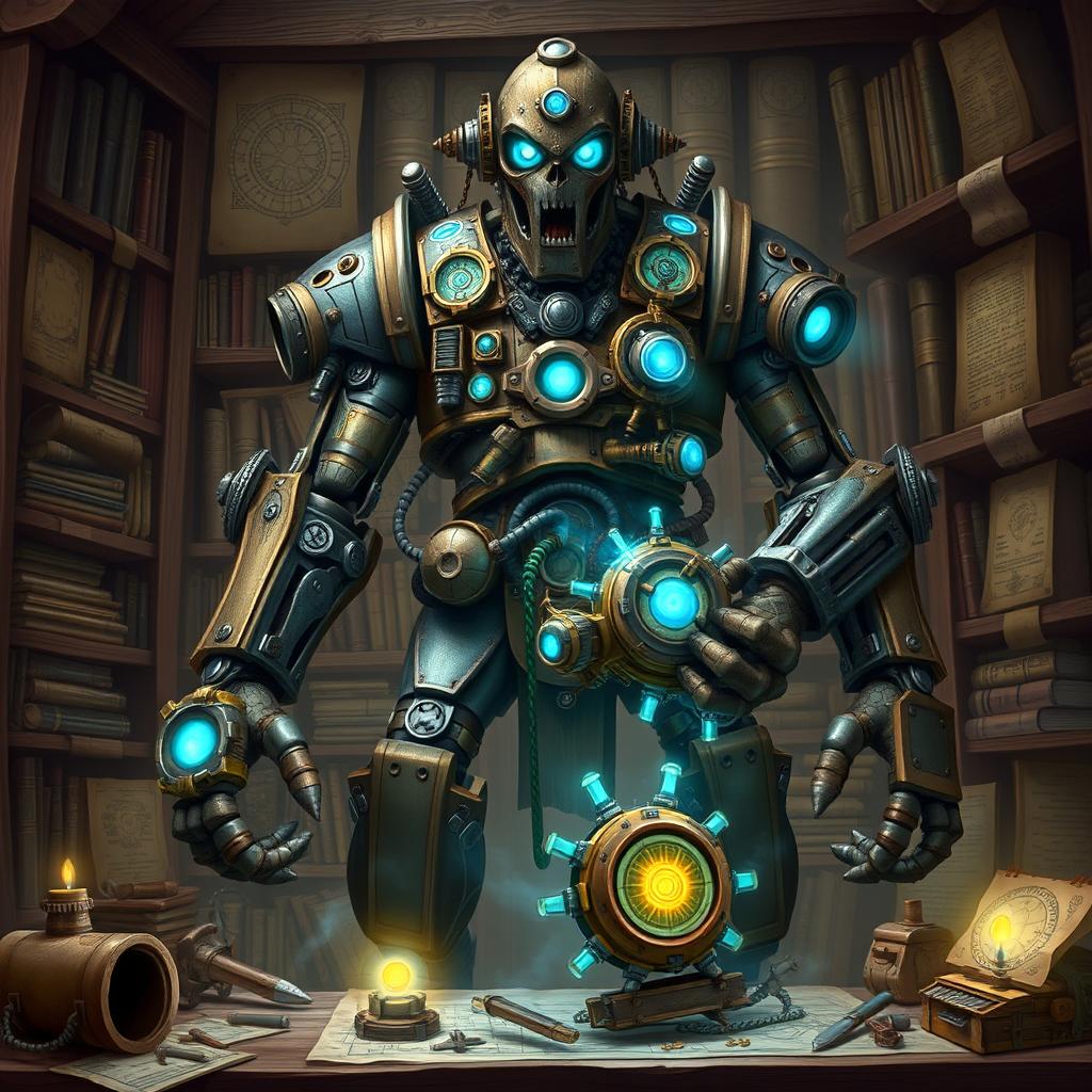 A tall and formidable Warforged Artificer, towering over its mystical workshop filled with arcane tools and glowing runes