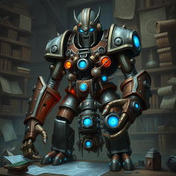 A tall and formidable Warforged Artificer, towering over its mystical workshop filled with arcane tools and glowing runes