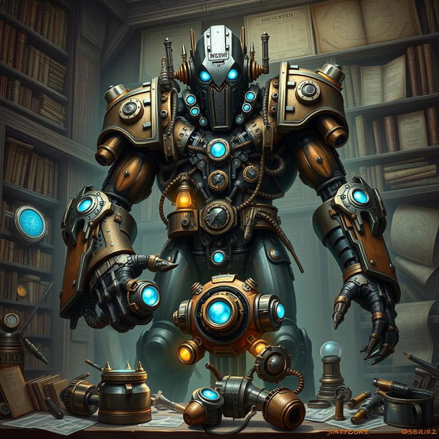 A tall and formidable Warforged Artificer, towering over its mystical workshop filled with arcane tools and glowing runes