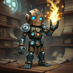 A cute and tall Warforged Artificer, standing proudly in a mystical workshop, casting an enchanting spell