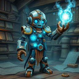 A cute and tall Warforged Artificer, standing proudly in a mystical workshop, casting an enchanting spell