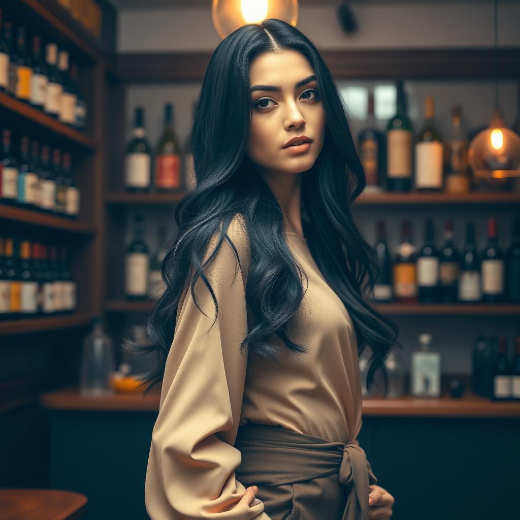 A full-body portrait of a beautiful young woman with long dark hair and striking features, wearing a stylish and elegant outfit