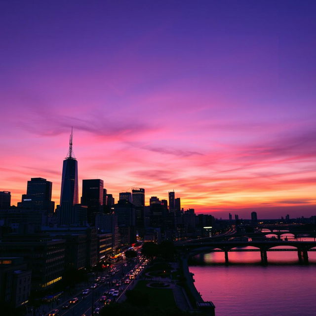 A beautiful cityscape at dusk, showcasing a lively urban environment