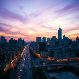 A beautiful cityscape at dusk, showcasing a lively urban environment