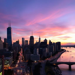 A beautiful cityscape at dusk, showcasing a lively urban environment